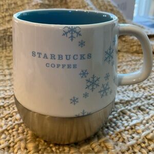 Starbucks White and Blue Snowflake Mug with Silver Base